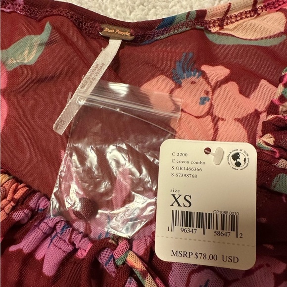 Free People Red Floral Print of Paradise Mesh Tie Front Crop Top Bell Sleeve - Picture 9 of 12